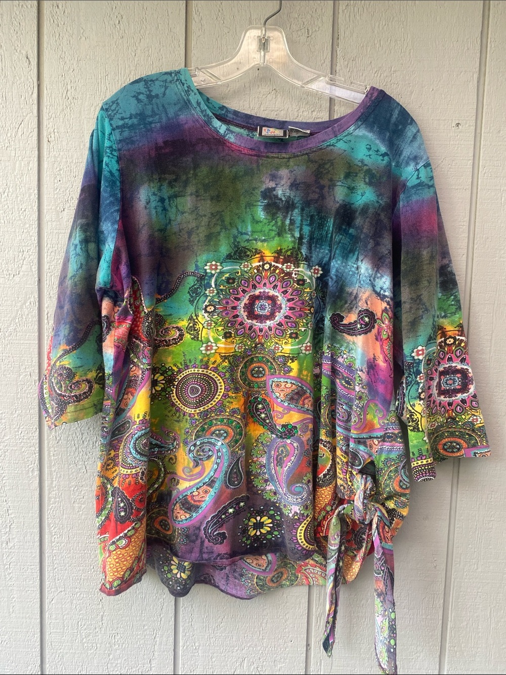 Vintage 100% Cotton Boho Paisley Tie-Accent Tunic Top - Multicolor